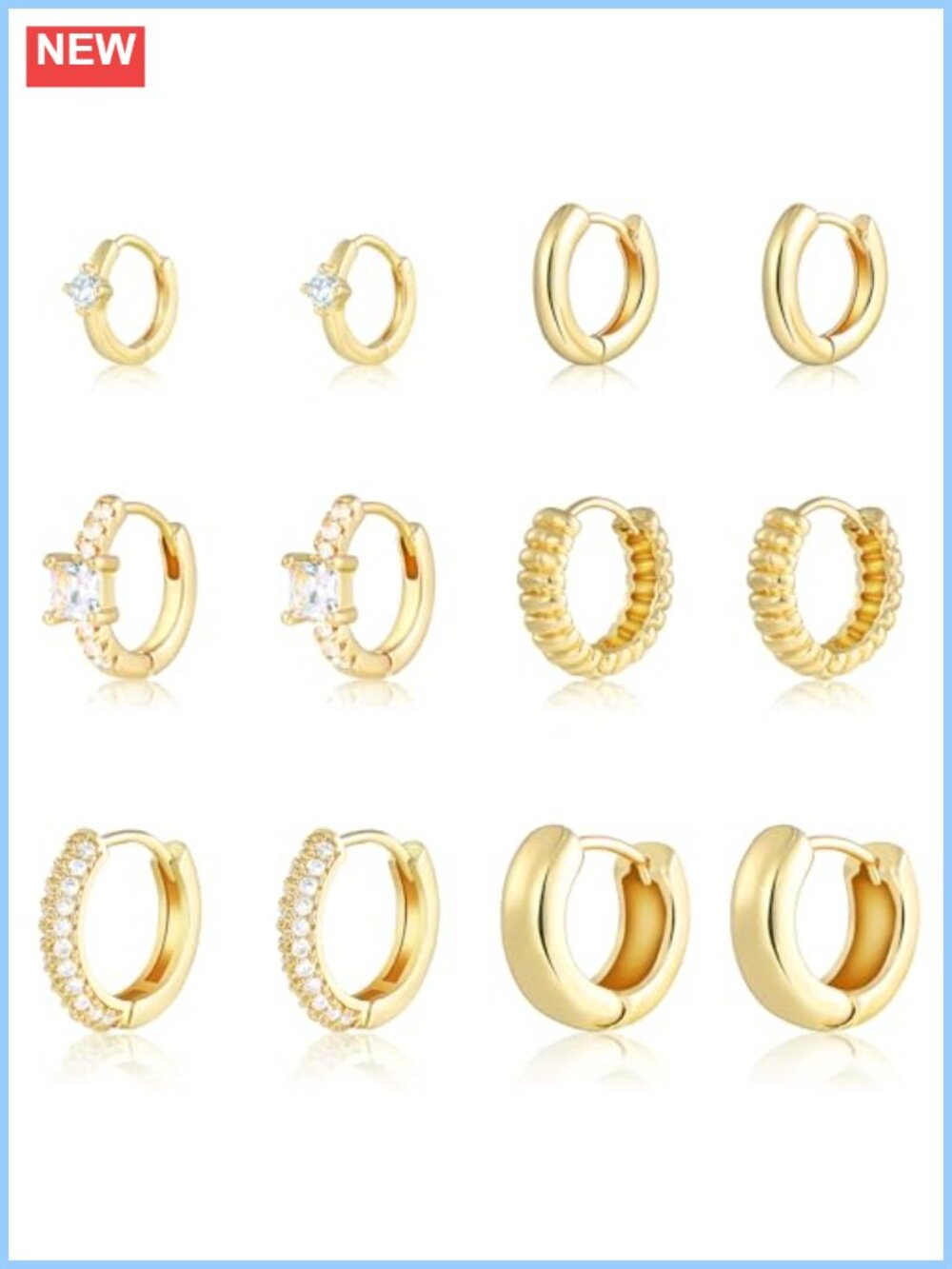 14K Gold Plated Huggie Hoop Earrings Set 6 Pairs Hypoallergenic CZ